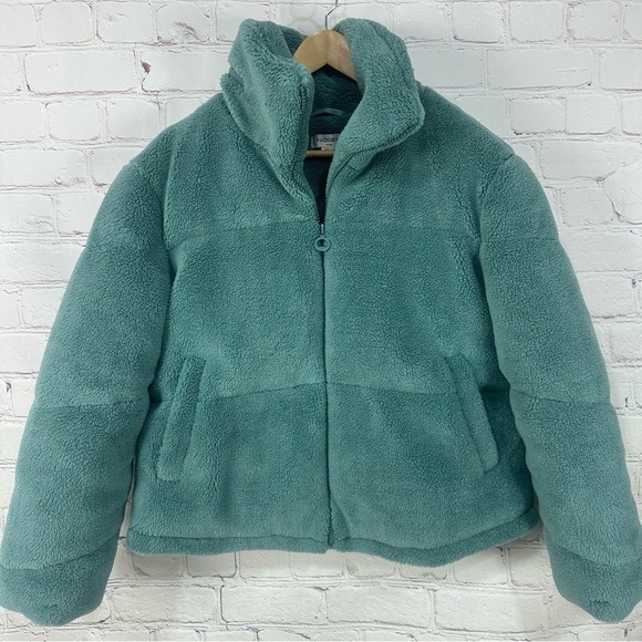 Noize women’s jacket sherpa teddy puffer coat  cropped teal blue green size XL - Picture 10 of 10